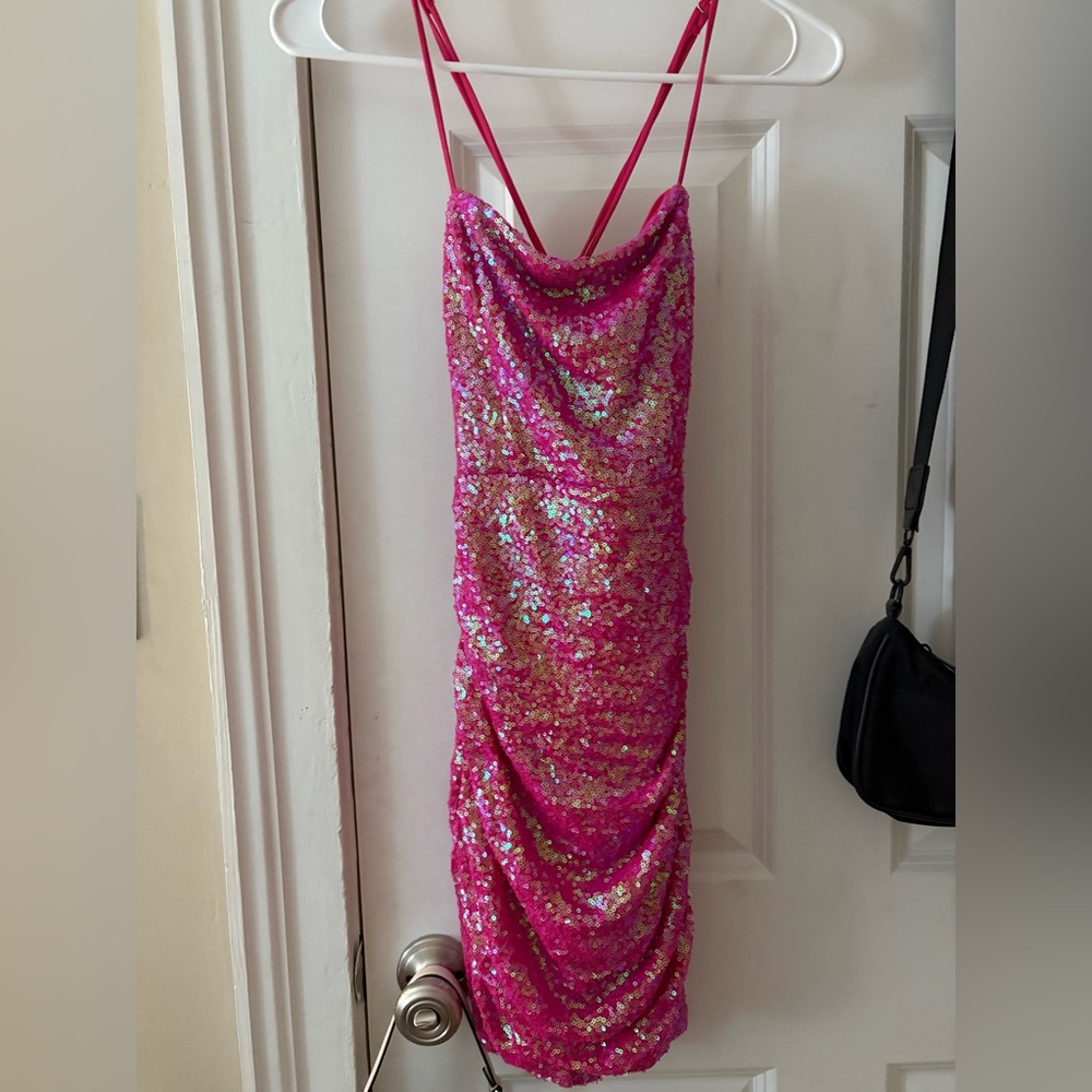 Pink Holographic Sequin Strappy Dress